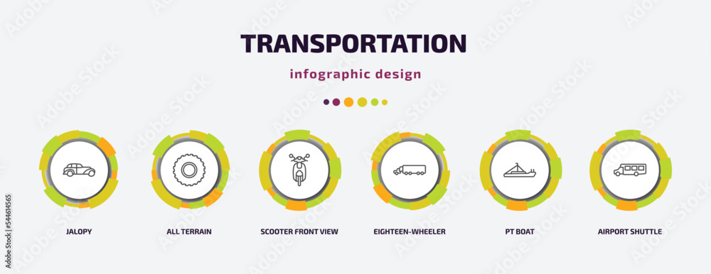 transportation infographic template with icons and 6 step or option. transportation icons such as jalopy, all terrain, scooter front view, eighteen-wheeler, pt boat, airport shuttle vector. can be transportation infographic template with icons and 6 step or option. transportation icons such as jalopy, all terrain, scooter front view, eighteen-wheeler, pt boat, airport shuttle vector. can be
