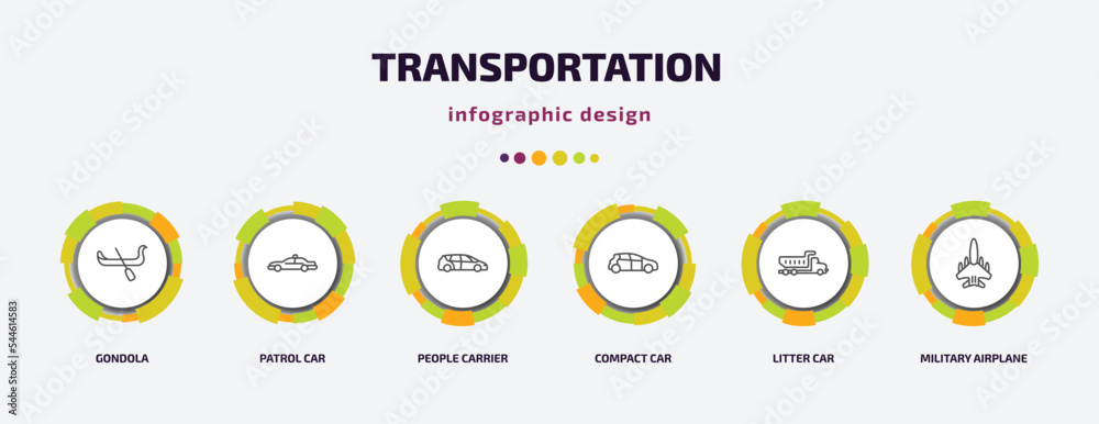 transportation infographic template with icons and 6 step or option. transportation icons such as gondola, patrol car, people carrier, compact car, litter car, military airplane vector. can be used transportation infographic template with icons and 6 step or option. transportation icons such as gondola, patrol car, people carrier, compact car, litter car, military airplane vector. can be used