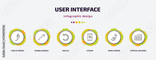 user interface infographic template with icons and 6 step or option. user interface icons such as turn up arrow, scribble broken line, back up, stream, swirly arrow, vertical data bars vector. can