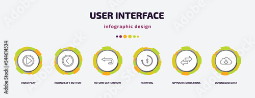 user interface infographic template with icons and 6 step or option. user interface icons such as video play, round left button, return left arrow, repaying, opposite directions, download data
