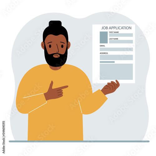 The unemployed man is holding a resume. Candidate with resume. The man is looking for a job. Paper sheet with avatar and skills. Labor market, unemployment problem.