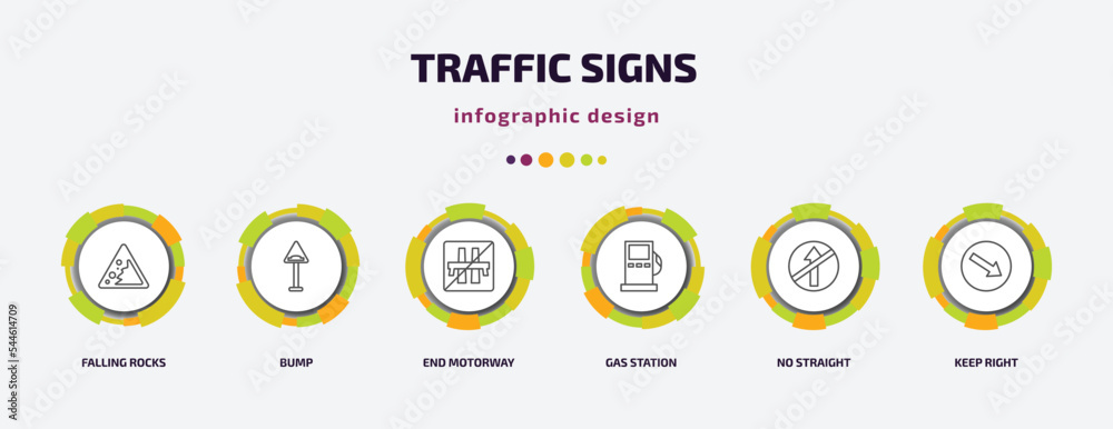 traffic signs infographic template with icons and 6 step or option. traffic signs icons such as falling rocks, bump, end motorway, gas station, no straight, keep right vector. can be used for traffic signs infographic template with icons and 6 step or option. traffic signs icons such as falling rocks, bump, end motorway, gas station, no straight, keep right vector. can be used for