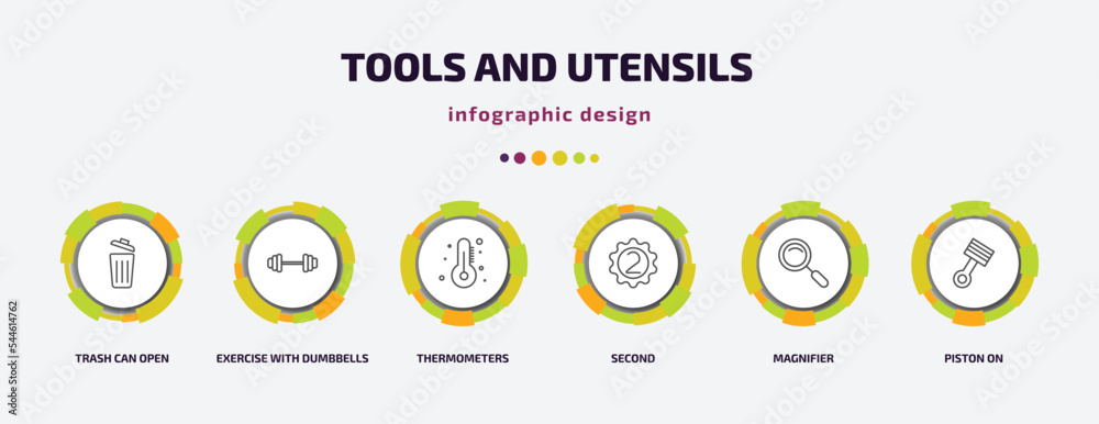 tools and utensils infographic template with icons and 6 step or option. tools and utensils icons such as trash can open, exercise with dumbbells, thermometers, second, magnifier, piston on vector. tools and utensils infographic template with icons and 6 step or option. tools and utensils icons such as trash can open, exercise with dumbbells, thermometers, second, magnifier, piston on vector.