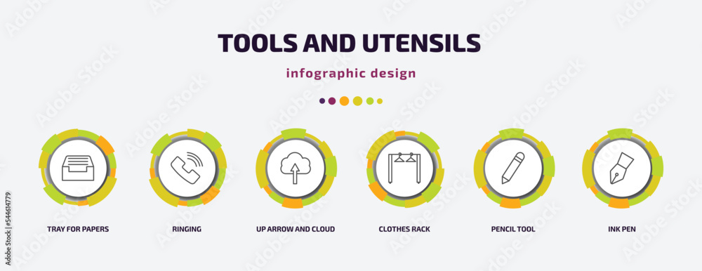 tools and utensils infographic template with icons and 6 step or option. tools and utensils icons such as tray for papers, ringing, up arrow cloud, clothes rack, pencil tool, ink pen vector. can be tools and utensils infographic template with icons and 6 step or option. tools and utensils icons such as tray for papers, ringing, up arrow cloud, clothes rack, pencil tool, ink pen vector. can be