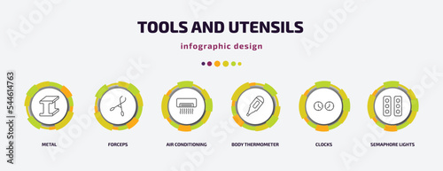 tools and utensils infographic template with icons and 6 step or option. tools and utensils icons such as metal, forceps, air conditioning, body thermometer, clocks, semaphore lights vector. can be