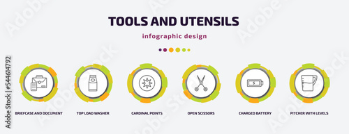 tools and utensils infographic template with icons and 6 step or option. tools and utensils icons such as briefcase document, top load washer, cardinal points, open scissors, charged battery,