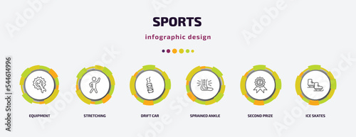 sports infographic template with icons and 6 step or option. sports icons such as equipment, stretching, drift car, sprained ankle, second prize, ice skates vector. can be used for banner, info