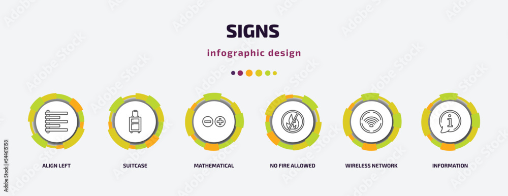 signs infographic template with icons and 6 step or option. signs icons such as align left, suitcase, mathematical, no fire allowed, wireless network, information vector. can be used for banner, signs infographic template with icons and 6 step or option. signs icons such as align left, suitcase, mathematical, no fire allowed, wireless network, information vector. can be used for banner,
