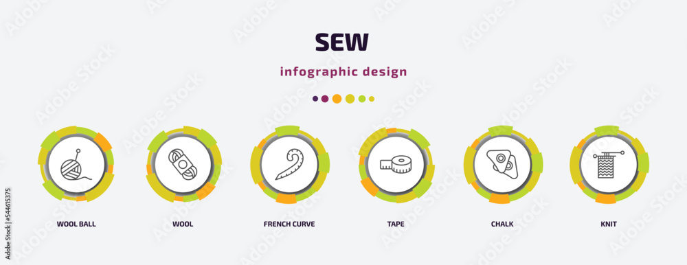 sew infographic template with icons and 6 step or option. sew icons such as wool ball, wool, french curve, tape, chalk, knit vector. can be used for banner, info graph, web, presentations. sew infographic template with icons and 6 step or option. sew icons such as wool ball, wool, french curve, tape, chalk, knit vector. can be used for banner, info graph, web, presentations.