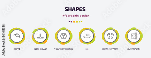 shapes infographic template with icons and 6 step or option. shapes icons such as elliptic, engine coolant, y shaped intersection, 360, human foot prints, film strip with heart vector. can be used