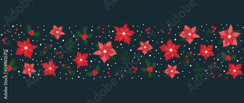 Winter poinsettia, botanical leaves, flower, horizontal seamless vector pattern on blue background with snow. Vector illustration element for textile, print, banners, posters, wallpapers, decorations.