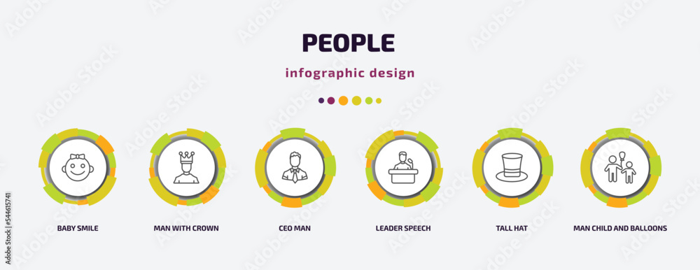 people infographic template with icons and 6 step or option. people icons such as baby smile, man with crown, ceo man, leader speech, tall hat, man child and balloons vector. can be used for banner, people infographic template with icons and 6 step or option. people icons such as baby smile, man with crown, ceo man, leader speech, tall hat, man child and balloons vector. can be used for banner,