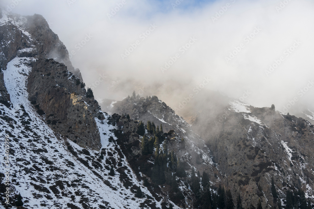 Winter mountain landscape. Foggy weather in mountains.