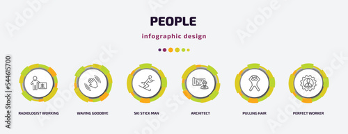people infographic template with icons and 6 step or option. people icons such as radiologist working, waving goodbye, ski stick man, architect, pulling hair, perfect worker vector. can be used for