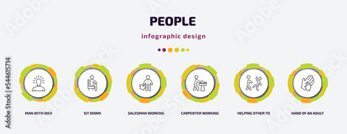people infographic template with icons and 6 step or option. people icons such as man with idea, sit down, salesman working, carpenter working, helping other to jump, hand of an adult vector. can be