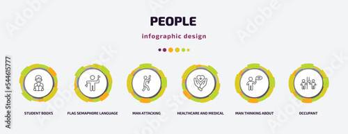 people infographic template with icons and 6 step or option. people icons such as student books, flag semaphore language, man attacking, healthcare and medical, man thinking about love, occupant