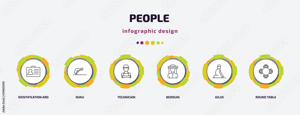 people infographic template with icons and 6 step or option. people icons such as identification ard, ruku, technician, bedouin, julus, round table vector. can be used for banner, info graph, web,