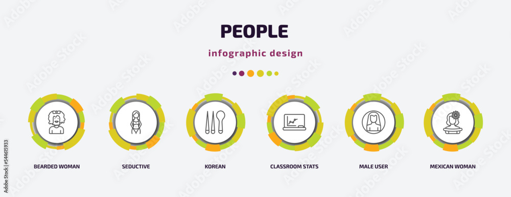 people infographic template with icons and 6 step or option. people icons such as bearded woman, seductive, korean, classroom stats, male user, mexican woman vector. can be used for banner, info people infographic template with icons and 6 step or option. people icons such as bearded woman, seductive, korean, classroom stats, male user, mexican woman vector. can be used for banner, info