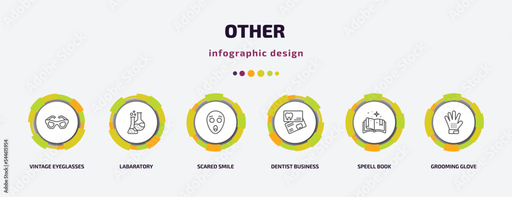 other infographic template with icons and 6 step or option. other icons such as vintage eyeglasses, labaratory, scared smile, dentist business card, speell book, grooming glove vector. can be used other infographic template with icons and 6 step or option. other icons such as vintage eyeglasses, labaratory, scared smile, dentist business card, speell book, grooming glove vector. can be used