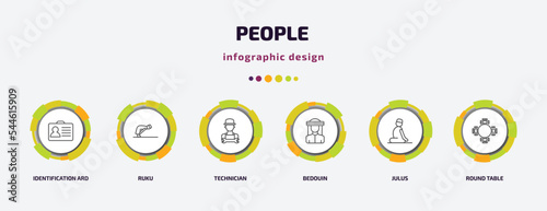 people infographic template with icons and 6 step or option. people icons such as identification ard, ruku, technician, bedouin, julus, round table vector. can be used for banner, info graph, web,