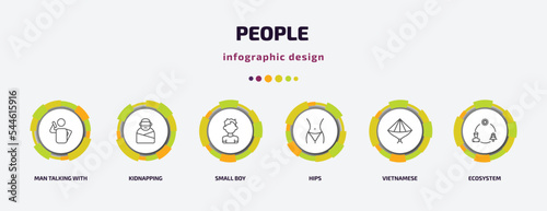 people infographic template with icons and 6 step or option. people icons such as man talking with phone, kidnapping, small boy, hips, vietnamese, ecosystem vector. can be used for banner, info