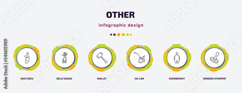 other infographic template with icons and 6 step or option. other icons such as sack race, belly dance, mallet, oil can, overweight, wooden stamper vector. can be used for banner, info graph, web,