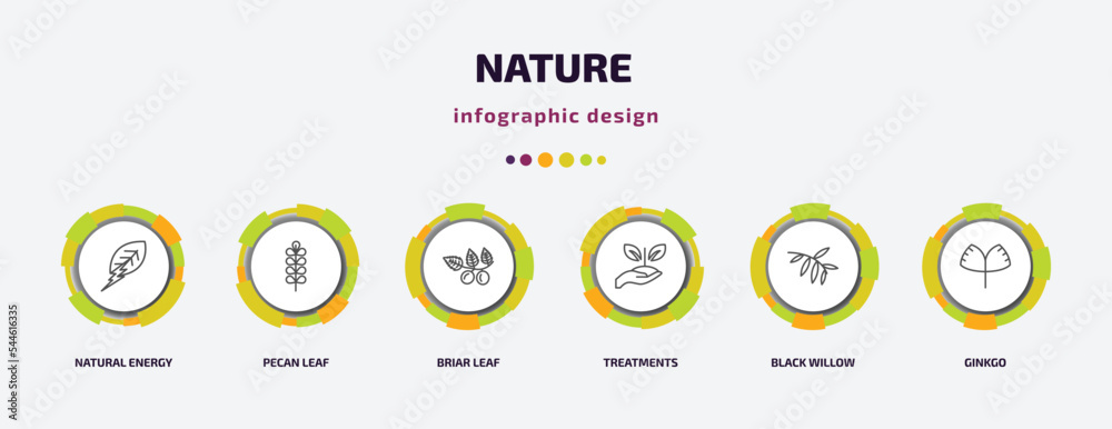 nature infographic template with icons and 6 step or option. nature icons such as natural energy, pecan leaf, briar leaf, treatments, black willow, ginkgo vector. can be used for banner, info graph, nature infographic template with icons and 6 step or option. nature icons such as natural energy, pecan leaf, briar leaf, treatments, black willow, ginkgo vector. can be used for banner, info graph,