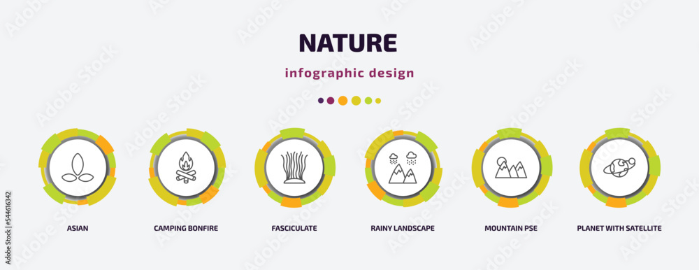 nature infographic template with icons and 6 step or option. nature icons such as asian, camping bonfire, fasciculate, rainy landscape, mountain pse, planet with satellite vector. can be used for