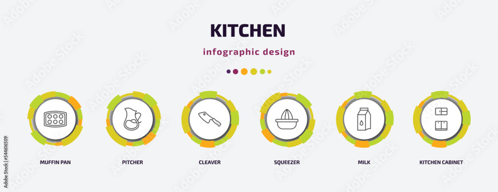 kitchen infographic template with icons and 6 step or option. kitchen icons such as muffin pan, pitcher, cleaver, squeezer, milk, kitchen cabinet vector. can be used for banner, info graph, web, kitchen infographic template with icons and 6 step or option. kitchen icons such as muffin pan, pitcher, cleaver, squeezer, milk, kitchen cabinet vector. can be used for banner, info graph, web,