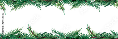 Watercolor Christmas garland with fir branches. Illustration for greeting cards and invitations isolated on white background.