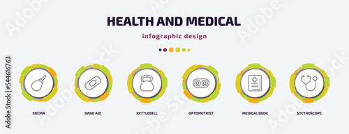 health and medical infographic template with icons and 6 step or option. health and medical icons such as enema, band aid, kettlebell, optometrist, medical book, stethoscope vector. can be used for