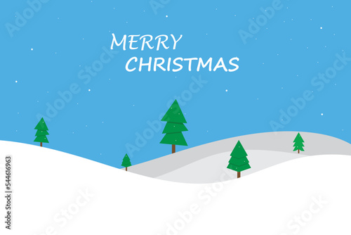 vector illustration Snowy landscape in winter mountains, pine forest, beautiful sky.