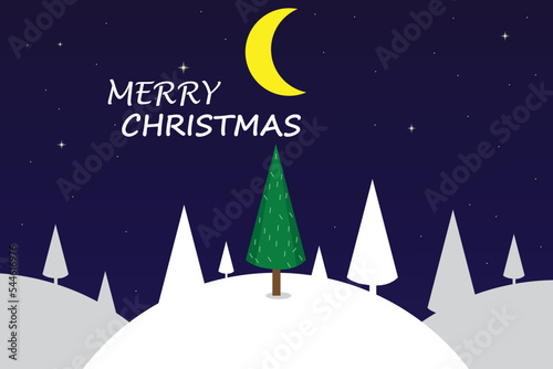 vector illustration Snowy landscape in winter mountains, pine forest, beautiful sky.