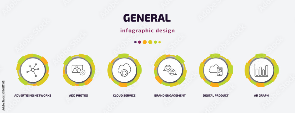general infographic template with icons and 6 step or option. general icons such as advertising networks, add photos, cloud service, brand engagement, digital product, ar graph vector. can be used