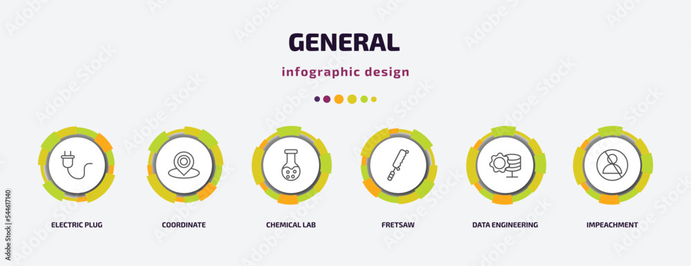 general infographic template with icons and 6 step or option. general icons such as electric plug, coordinate, chemical lab, fretsaw, data engineering, impeachment vector. can be used for banner, general infographic template with icons and 6 step or option. general icons such as electric plug, coordinate, chemical lab, fretsaw, data engineering, impeachment vector. can be used for banner,