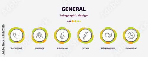 general infographic template with icons and 6 step or option. general icons such as electric plug, coordinate, chemical lab, fretsaw, data engineering, impeachment vector. can be used for banner,