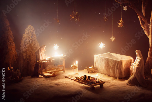 Fotografie, Obraz Christmas Nativity Scene beautifully decorated for Christmas