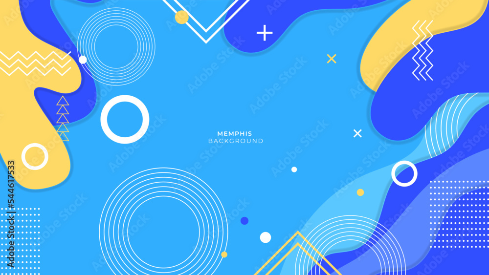 Colourful on blue memphis background set covers, great design for any purposes. Trendy abstract vector illustration. Abstract elegant background.