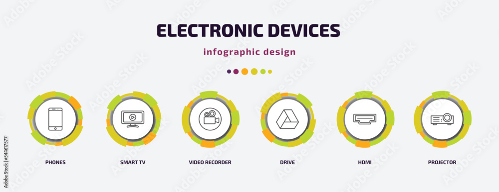 electronic devices infographic template with icons and 6 step or option. electronic devices icons such as phones, smart tv, video recorder, drive, hdmi, projector vector. can be used for banner, electronic devices infographic template with icons and 6 step or option. electronic devices icons such as phones, smart tv, video recorder, drive, hdmi, projector vector. can be used for banner,