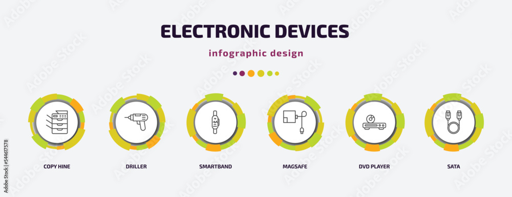 electronic devices infographic template with icons and 6 step or option. electronic devices icons such as copy hine, driller, smartband, magsafe, dvd player, sata vector. can be used for banner, electronic devices infographic template with icons and 6 step or option. electronic devices icons such as copy hine, driller, smartband, magsafe, dvd player, sata vector. can be used for banner,