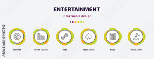 entertainment infographic template with icons and 6 step or option. entertainment icons such as roulette, roller coaster, dices, ace of spades, bingo, whack a mole vector. can be used for banner,