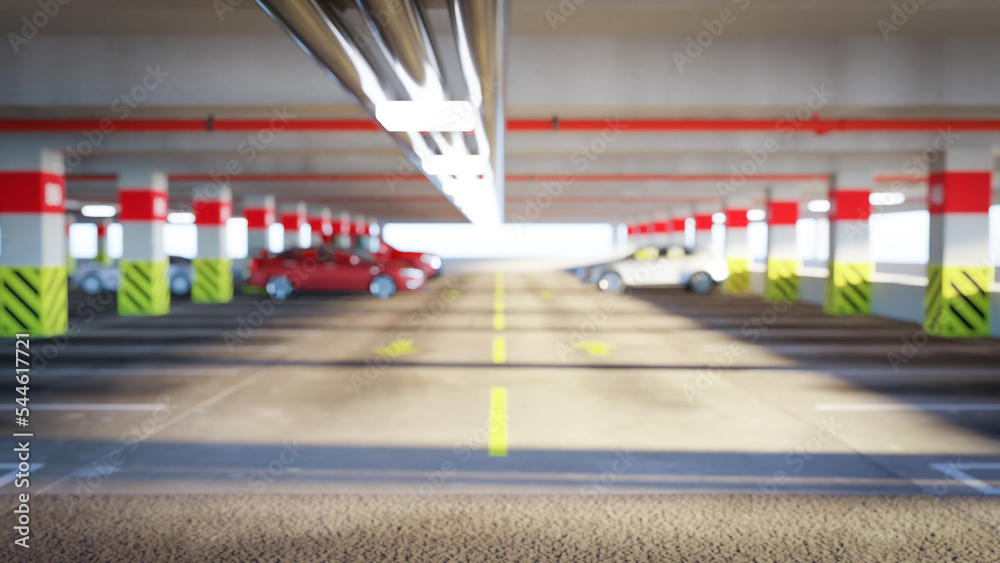 3D illustration rendering. Abstract blurred background of parking