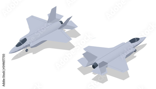 Isometric Lockheed Martin F-35 Lightning II Multirole fighter. Electronic warfare and intelligence, surveillance, reconnaissance capabilities. Military Aviation