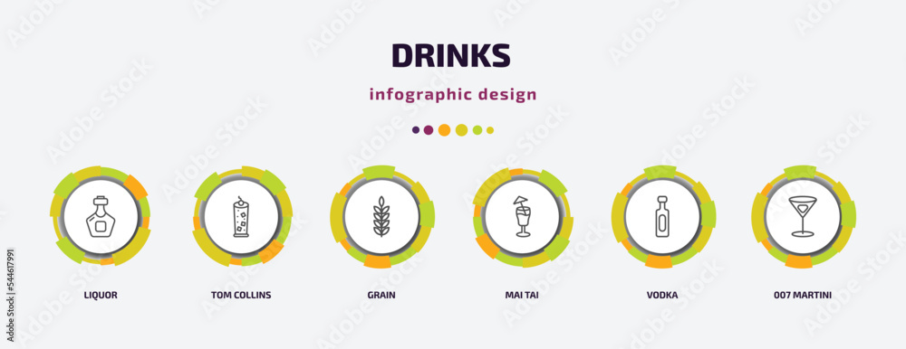 drinks infographic template with icons and 6 step or option. drinks icons such as liquor, tom collins, grain, mai tai, vodka, 007 martini vector. can be used for banner, info graph, web, drinks infographic template with icons and 6 step or option. drinks icons such as liquor, tom collins, grain, mai tai, vodka, 007 martini vector. can be used for banner, info graph, web,