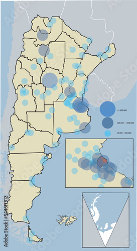 Argentine population density map. Detailed population levels by millions, thousands.