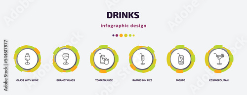 drinks infographic template with icons and 6 step or option. drinks icons such as glass with wine, brandy glass, tomato juice, ramos gin fizz, mojito, cosmopolitan vector. can be used for banner,