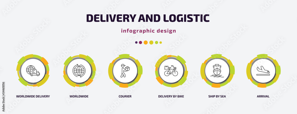 delivery and logistic infographic template with icons and 6 step or option. delivery and logistic icons such as worldwide delivery, worldwide, courier, by bike, ship by sea, arrival vector. can be delivery and logistic infographic template with icons and 6 step or option. delivery and logistic icons such as worldwide delivery, worldwide, courier, by bike, ship by sea, arrival vector. can be