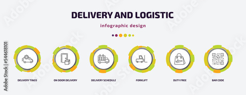 delivery and logistic infographic template with icons and 6 step or option. delivery and logistic icons such as delivery tings, on door schedule, forklift, duty free, bar code vector. can be used