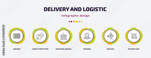 delivery and logistic infographic template with icons and 6 step or option. delivery and logistic icons such as barcode, logistic protection, container hanging, tracking, logistics, delivery cart