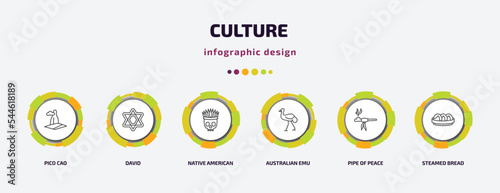 culture infographic template with icons and 6 step or option. culture icons such as pico cao, david, native american skull, australian emu, pipe of peace, steamed bread vector. can be used for